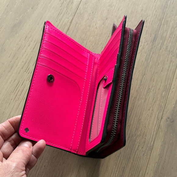Kate Spade Burgundy Wallet with Pink Heart Stripes - Picture 4 of 5